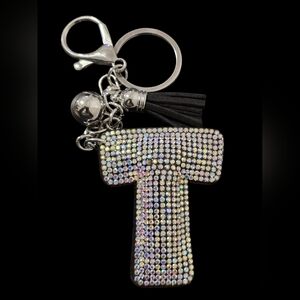 Crystal Embellished "T" Bag Charm Keychain with Tassel
